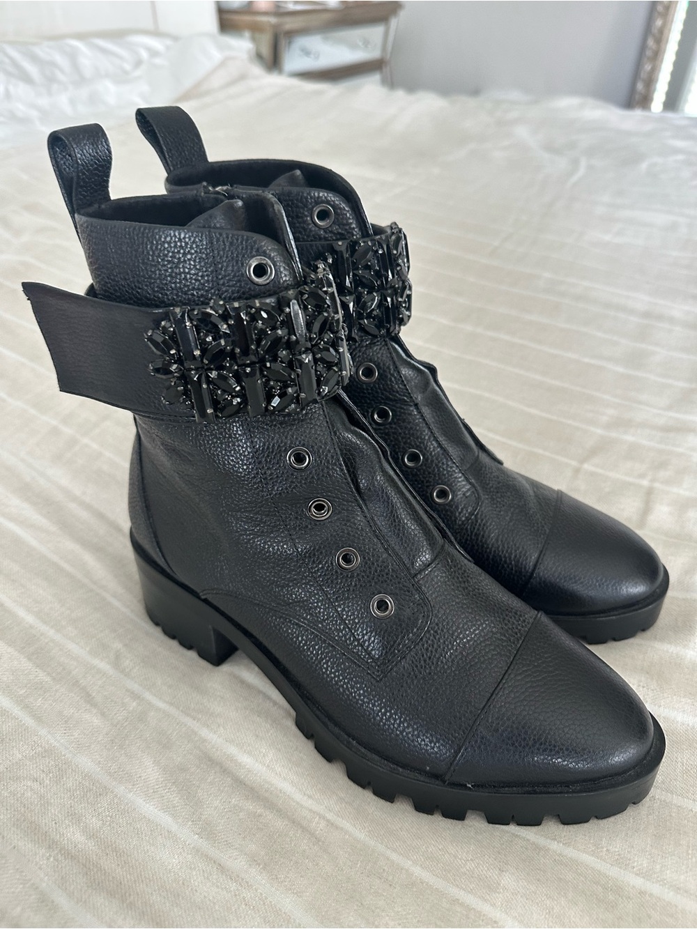 Karl Lagerfeld Black Pippa Combat Boot w/ Embellished Leather - Women's